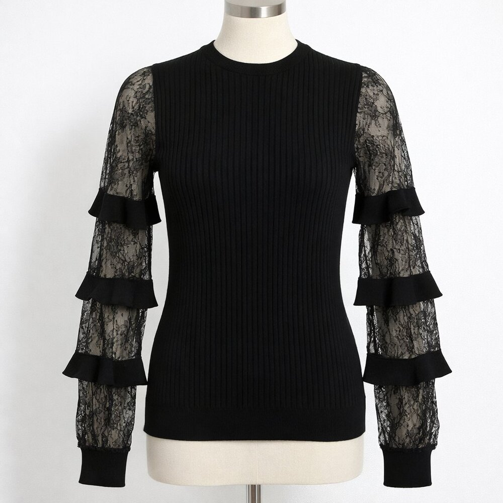 VALENTINO Ruffle trimmed Lace and Ribbed knit Sweater in Black